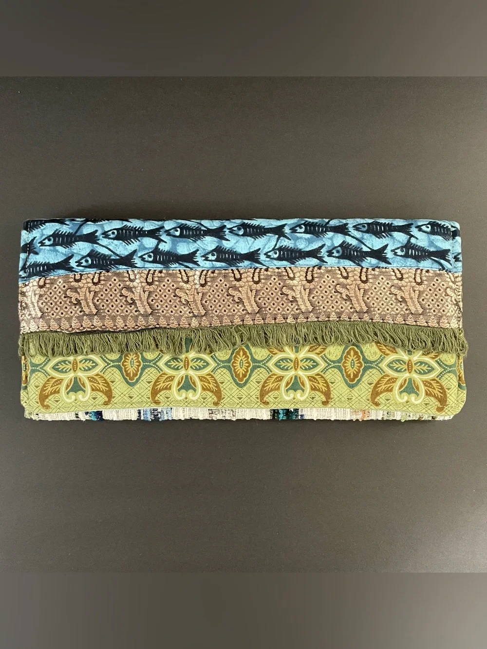 Our Woven Community Refugee Artisan Fold Over Clutch Fish Pattern Green Fringe